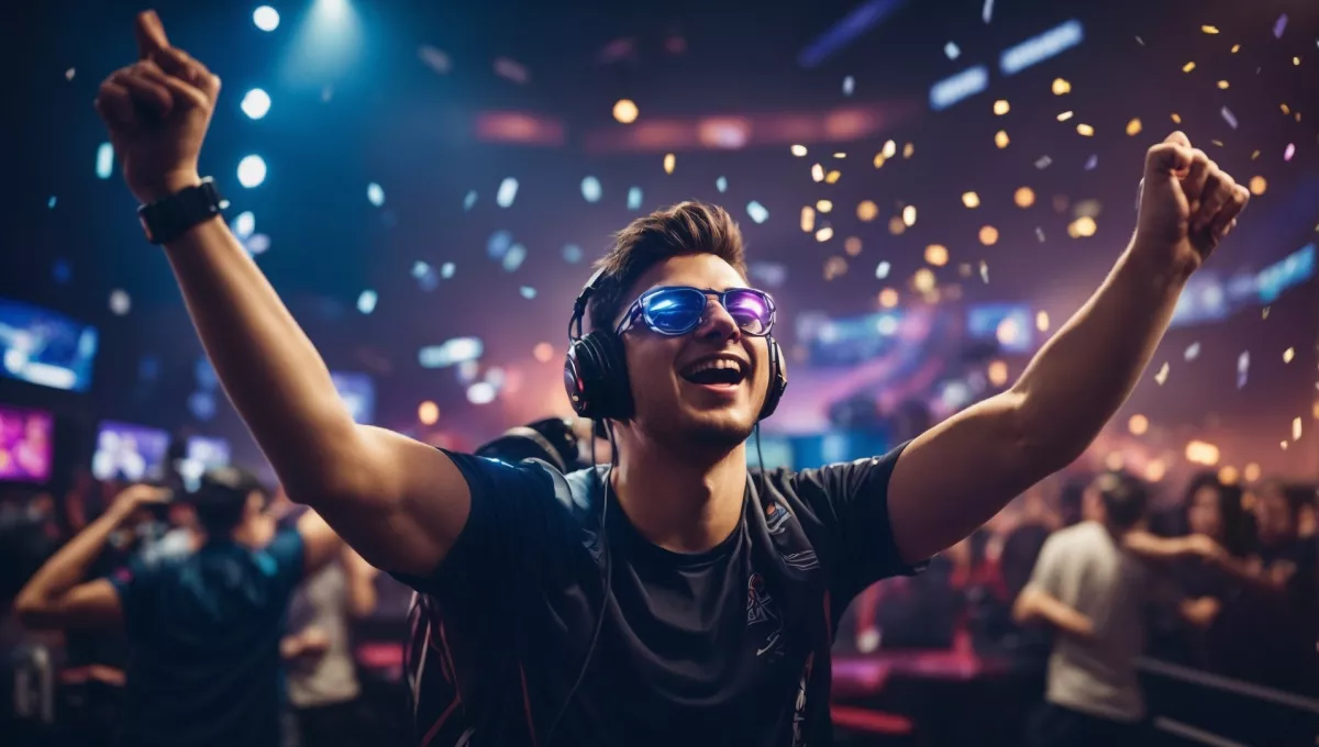 AI-generiertes Bild mit einem jungen Mann mit Kopfhörern, der sich in einer Partyszene offensichtlich freut und feiert