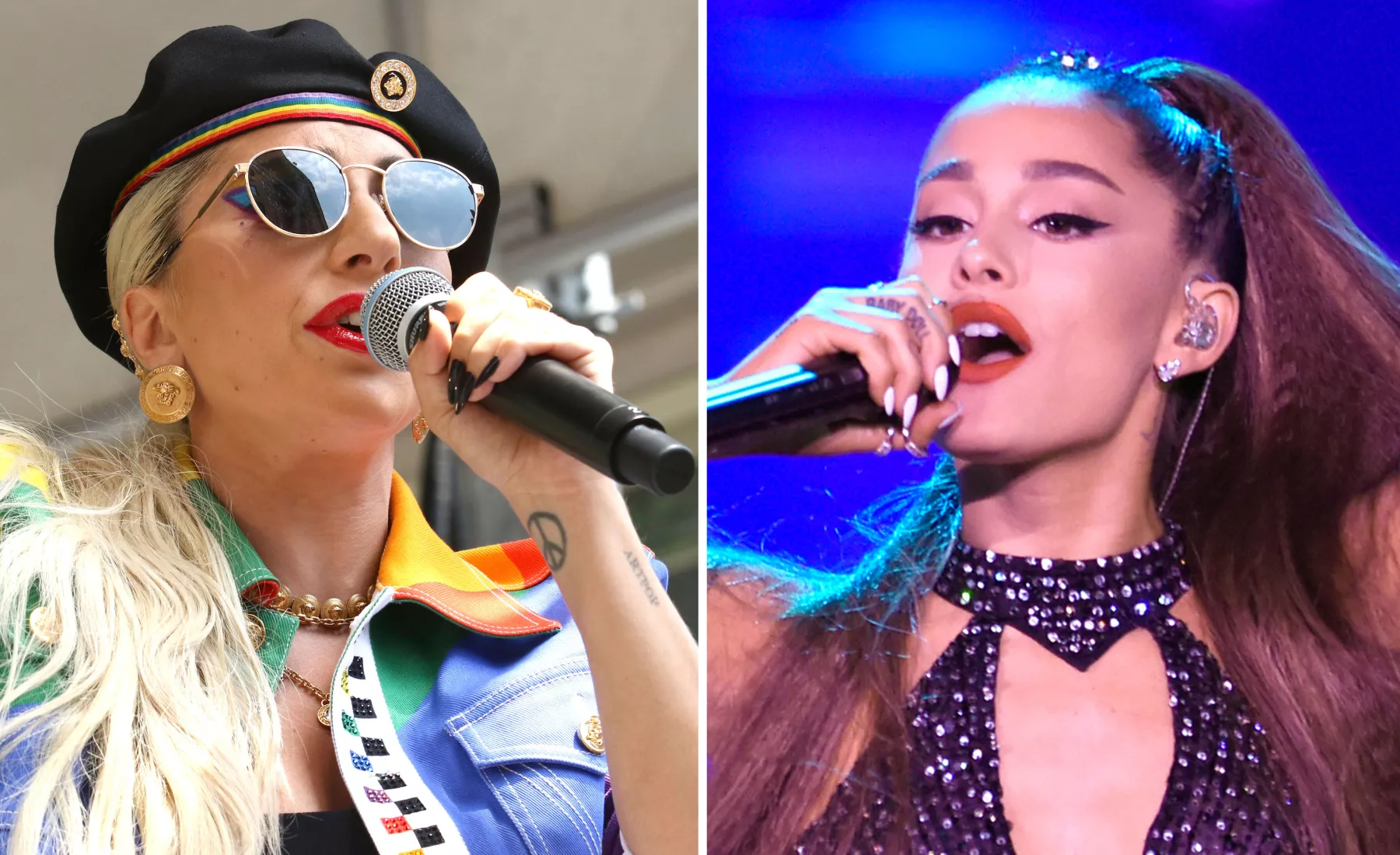 US-Sängerin Lady Gaga tritt am 28.06.2019 beim Stonewall Day in New York auf (l) und US-Sängerin Ariana Grande tritt am 02.06.2018 beim Musikfestival "Wango Tango" in Los Angeles auf (r, Archivfotos)