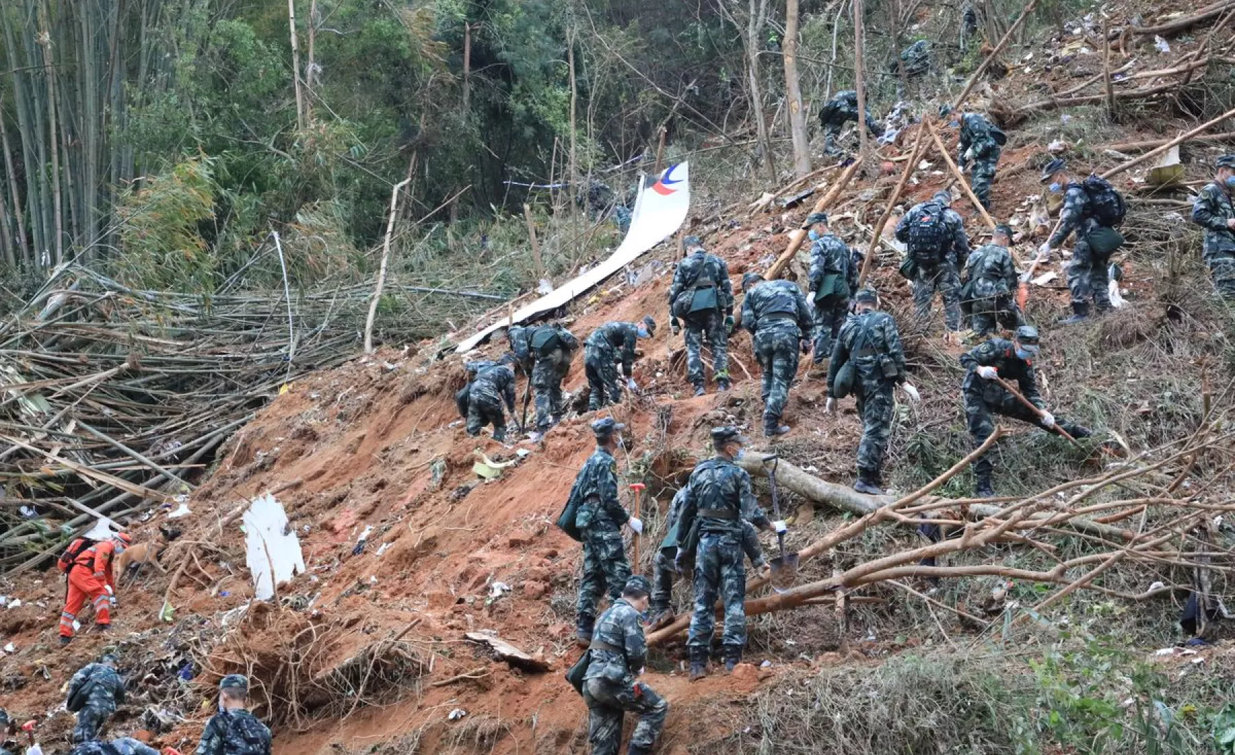 China, Tengxian: Rettungskräfte suchen am 22. März an der Absturzstelle des Flugzeugs im Kreis Tengxian in der südchinesischen autonomen Region Guangxi Zhuang nach dem Flugschreiber