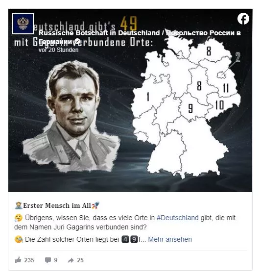 Post der Russischen Botschaft auf Facebook: Orte in Deutschland, die Juri Gagarins Namen tragen