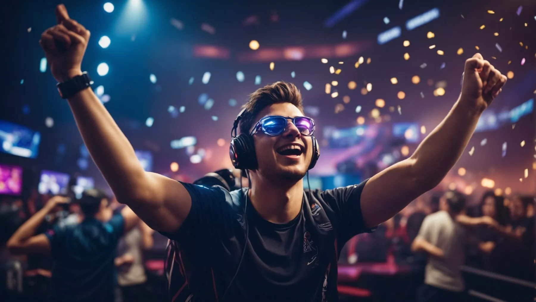 AI-generiertes Bild mit einem jungen Mann mit Kopfhörern, der sich in einer Partyszene offensichtlich freut und feiert
